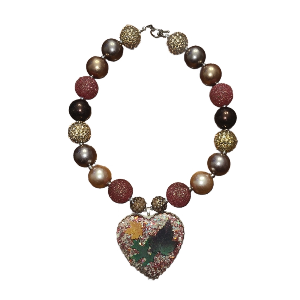 Fall Leaves Chunky Bubblegum Necklace Glitter Heart Pendant Bronze Gold Mauve